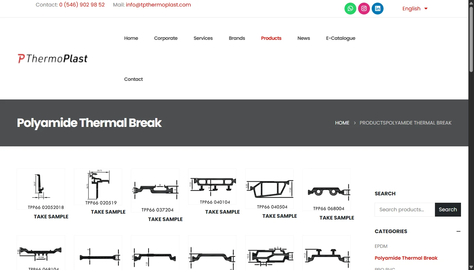 The product catalogue: four categories, filterable across 27 dimensional sizes.